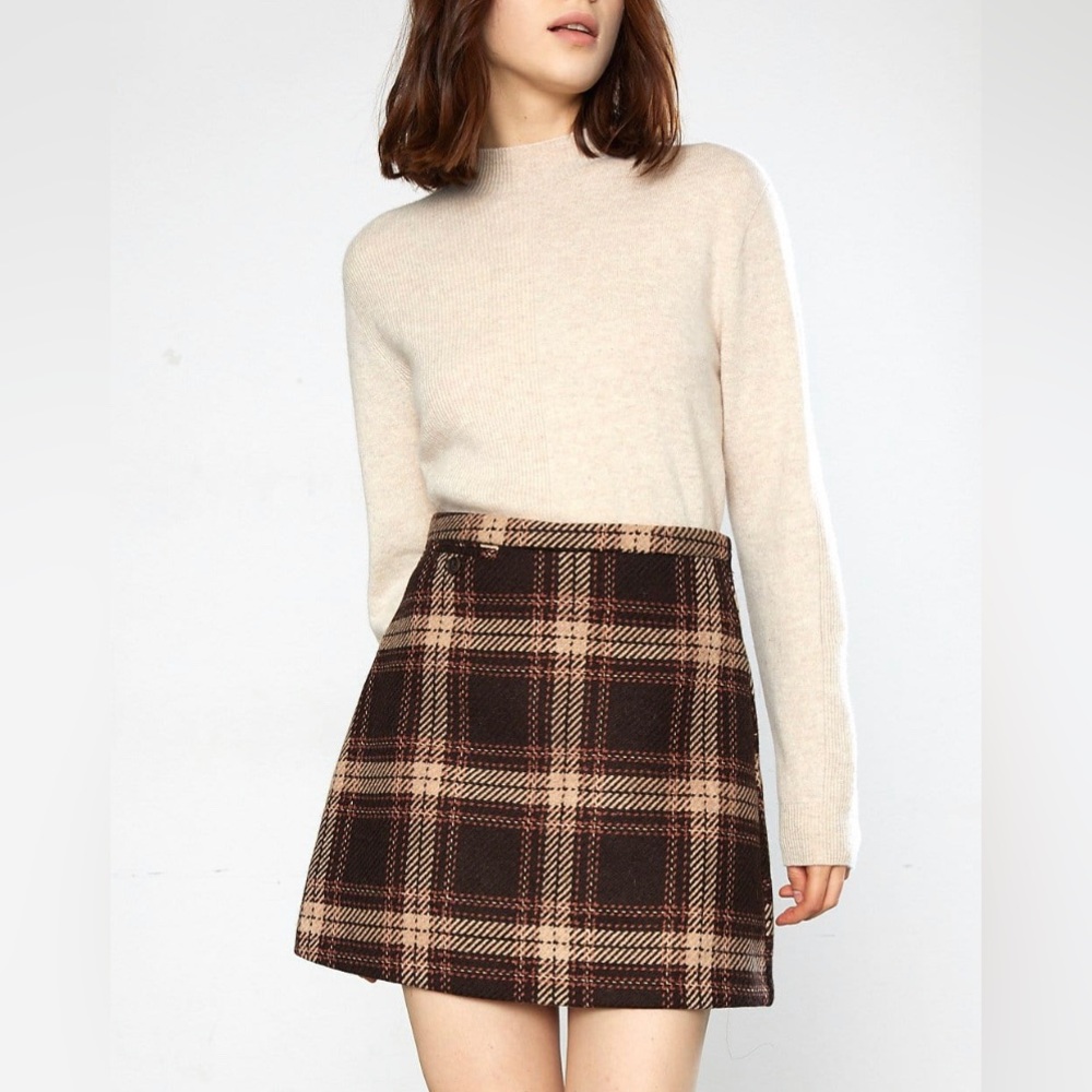 NWT J.ING Brown Tweed Wool Plaid Skort Skirt, Small/Medium